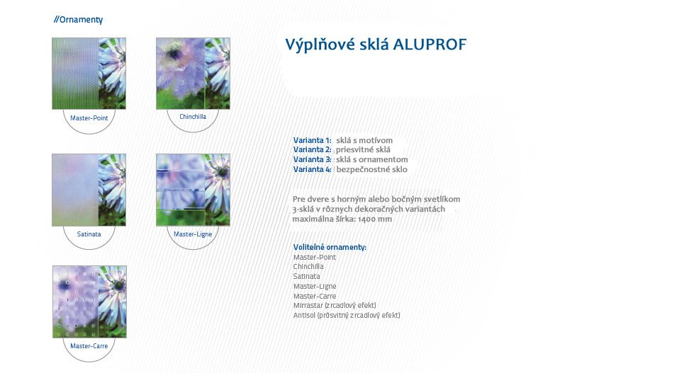 Výplňové sklá — ornamenty Master-Point, Chinchilla, Satinata, Master-Ligne, Master-Carre